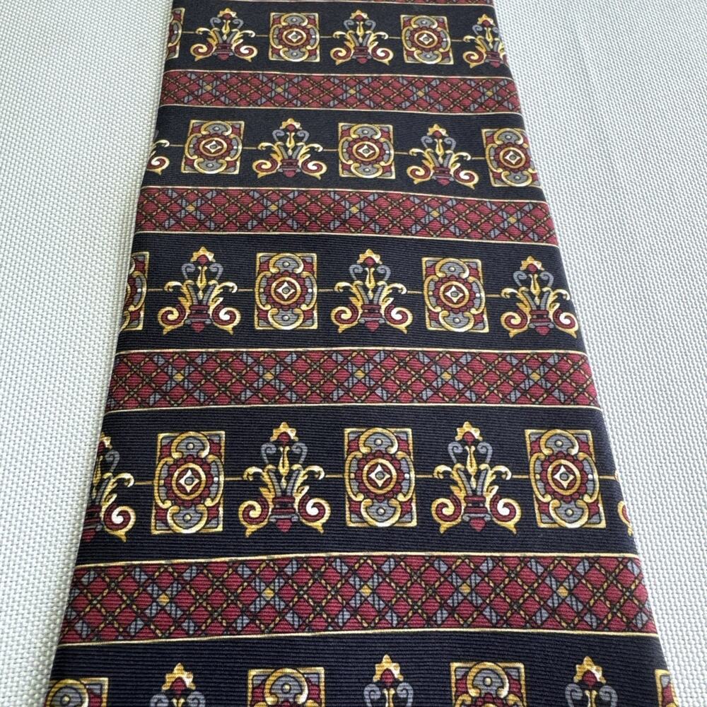 Vtg Oscar De La Renta Silk Tie Burgundy Gold Medallion Geometric Mens Necktie